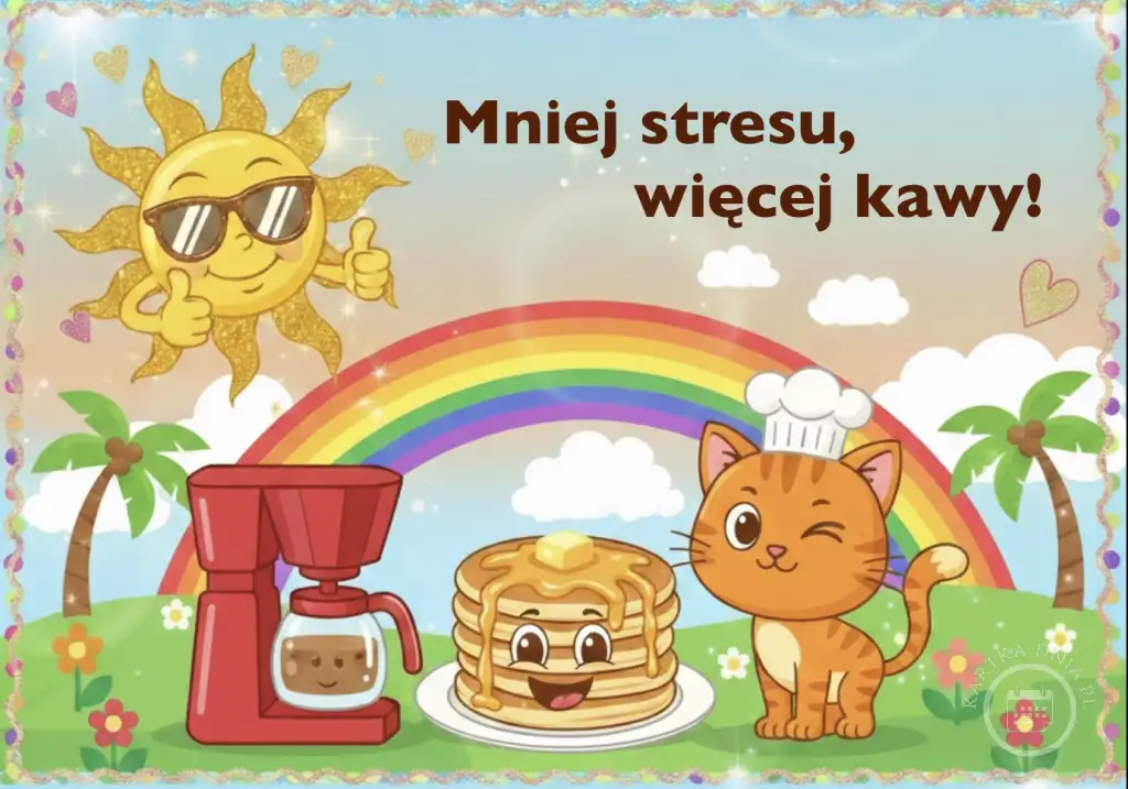 Wesoła kartka z uśmiechniętym słońcem w okularach, tęczą, kawą, naleśnikami i kotem w czapce kucharskiej. Napis: Mniej stresu, więcej kawy!