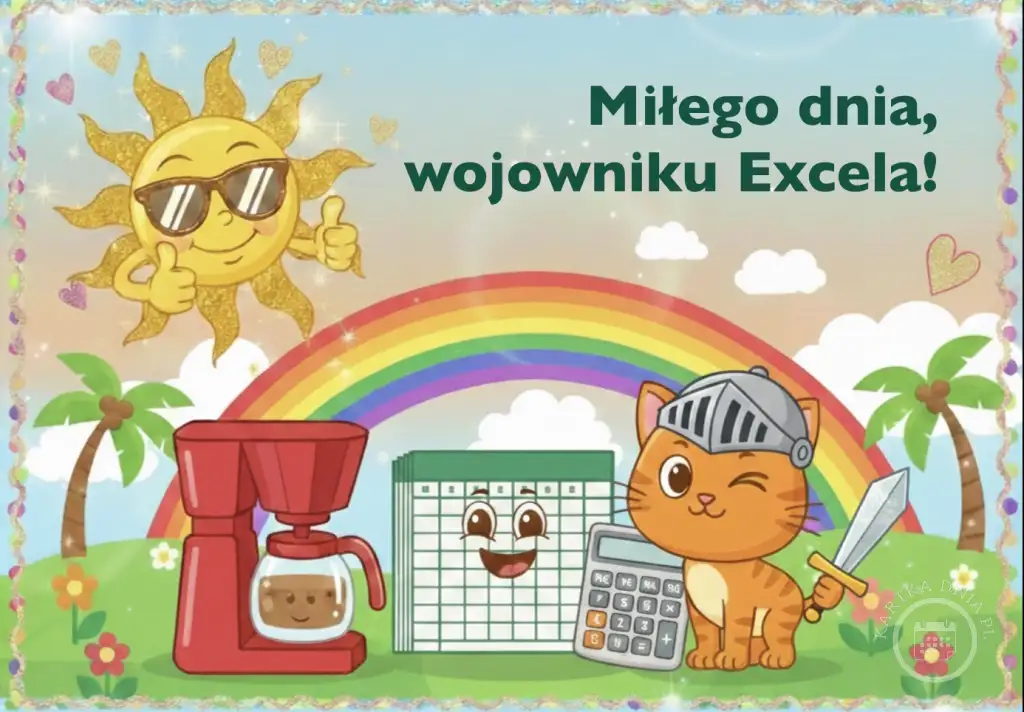 Kreskówkowa kartka 'Miłego dnia, wojowniku Excela!' ze słońcem w okularach, kotem-rycerzem, ekspresem do kawy, kalkulatorem i arkuszem Excela.