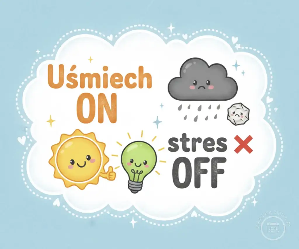 Kartka "Uśmiech ON, stres OFF" z uśmiechniętym słońcem i żarówką oraz smutną chmurą, symbolizująca pozytywne nastawienie i radość.