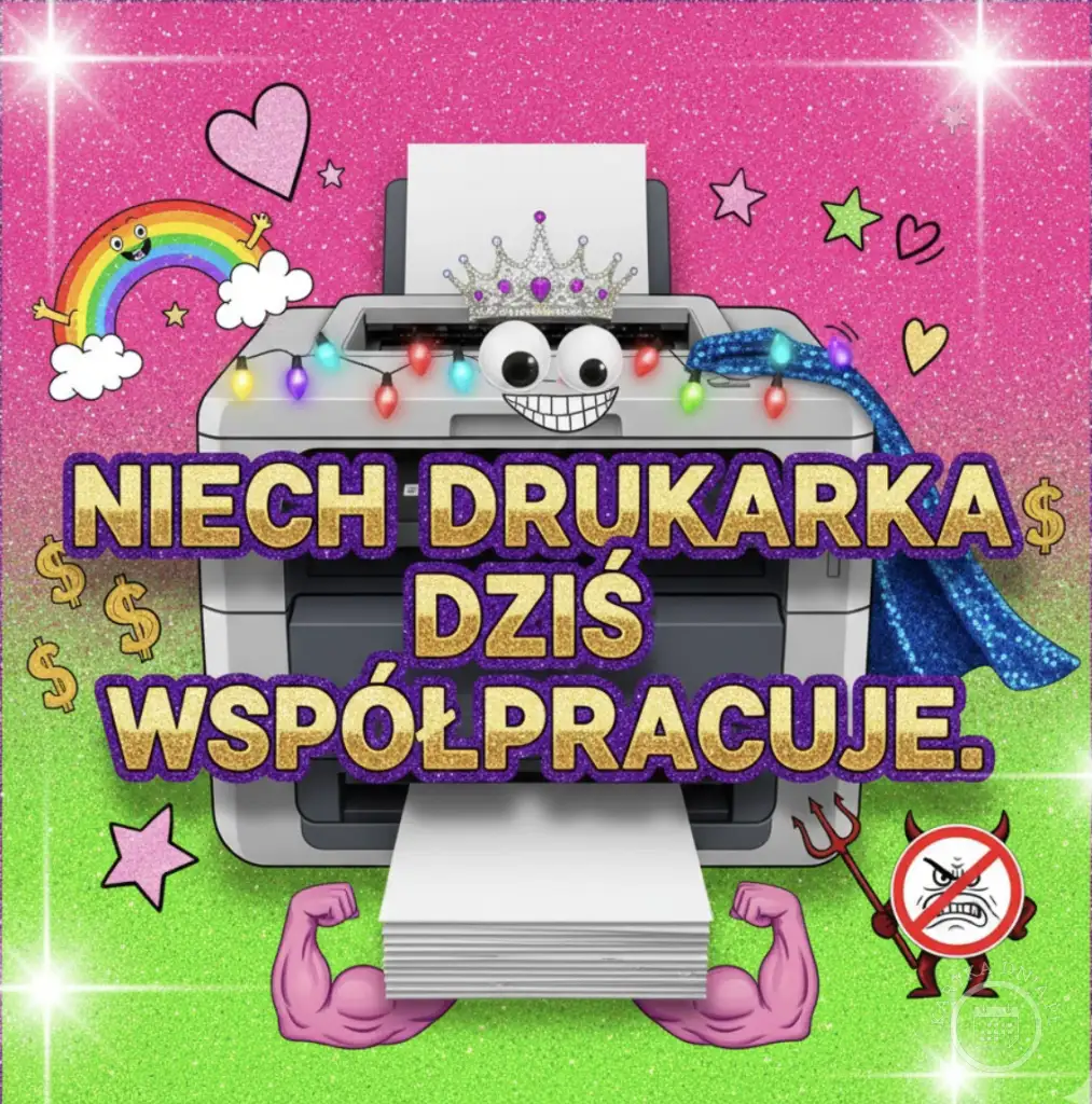 Kartka miłej pracy z wesołą drukarką w koronie i hasłem 'NIECH DRUKARKA DZIŚ WSPÓŁPRACUJE'. Grafika z tęczą, sercami i papierem.