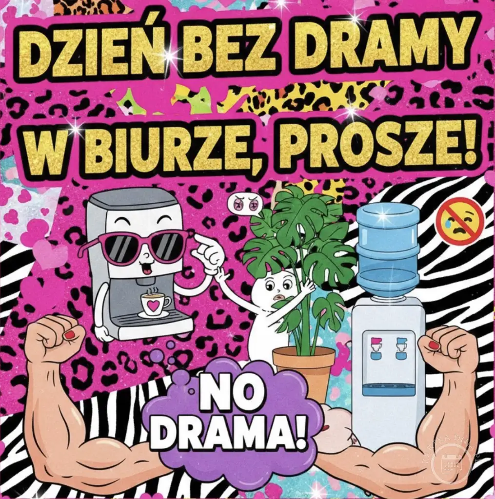 Kartka 'Dzień bez dramy w biurze, proszę!' Brokatowy napis, wesoły ekspres, roślina, dystrybutor wody. Humorystyczna, zero dram.
