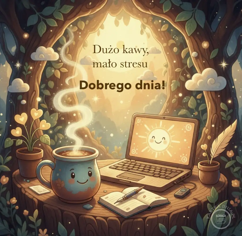 Ilustracja: kubek kawy z uśmiechem, laptop ze słońcem, notatnik na pniu drzewa. Napis: "Dużo kawy, mało stresu Dobrego dnia!".