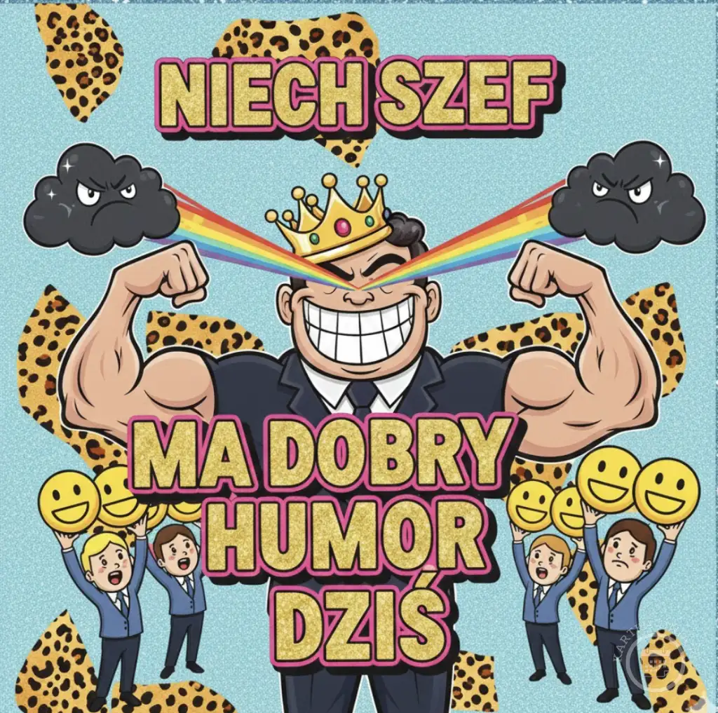 Wesoły, muskularny szef w koronie z promieniami tęczy i napisem 'NIECH SZEF MA DOBRY HUMOR DZIŚ', otoczony uśmiechniętymi pracownikami i lampartimi cętkami.