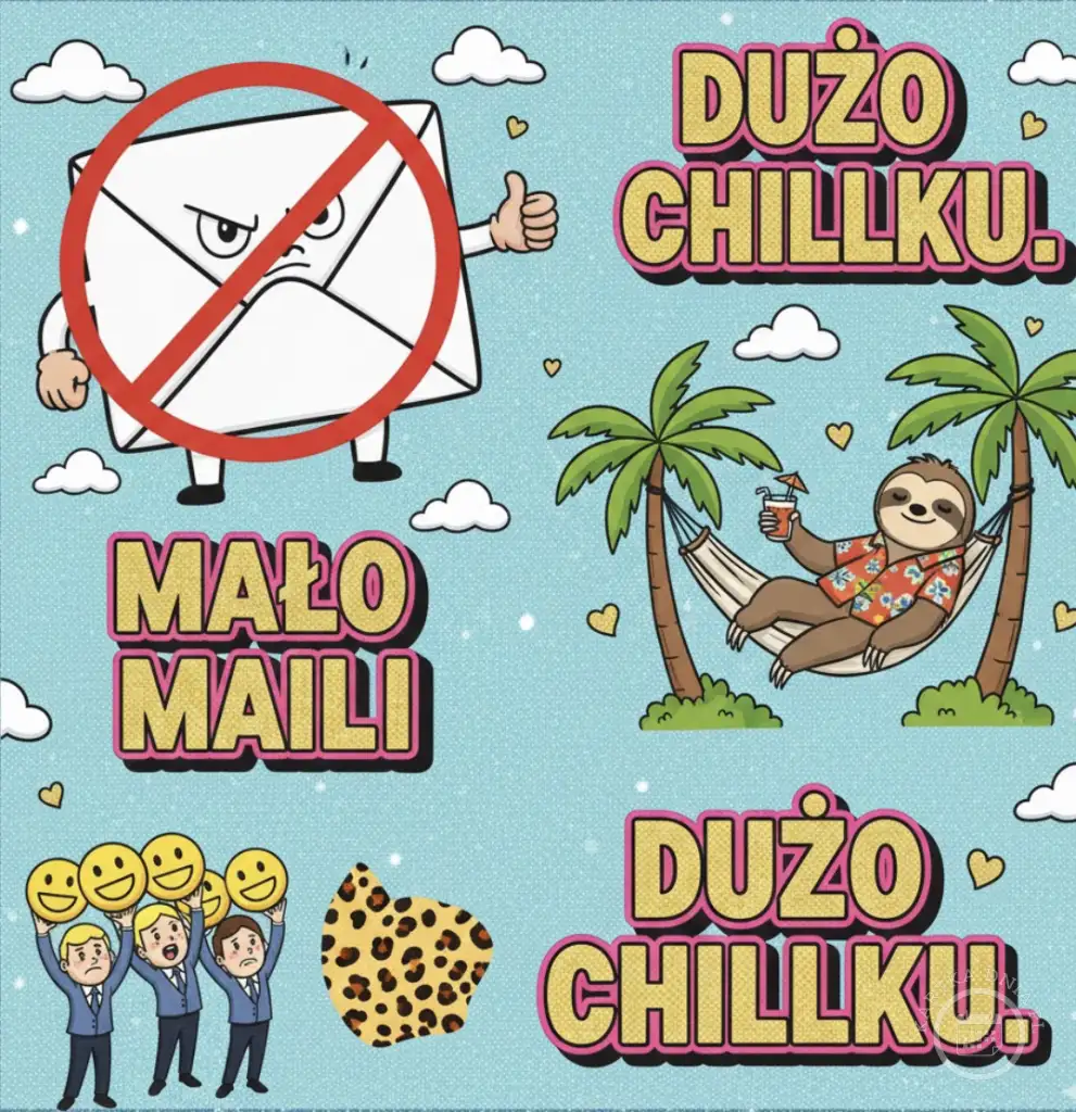 Zabawna kartka z leniwcem w hamaku pod palmami, z napisem Mało Maili, Dużo Chillu. Idealna życzenia miłej pracy.