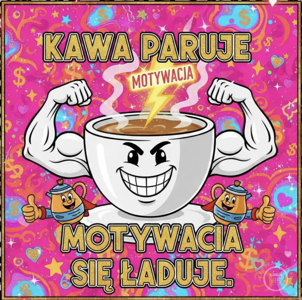 Kartka z kreskówkową filiżanką kawy z napakowanymi ramionami i uśmiechem, napisem 'Kawa paruje, motywacja się ładuje', na tle serc i dolarów.
