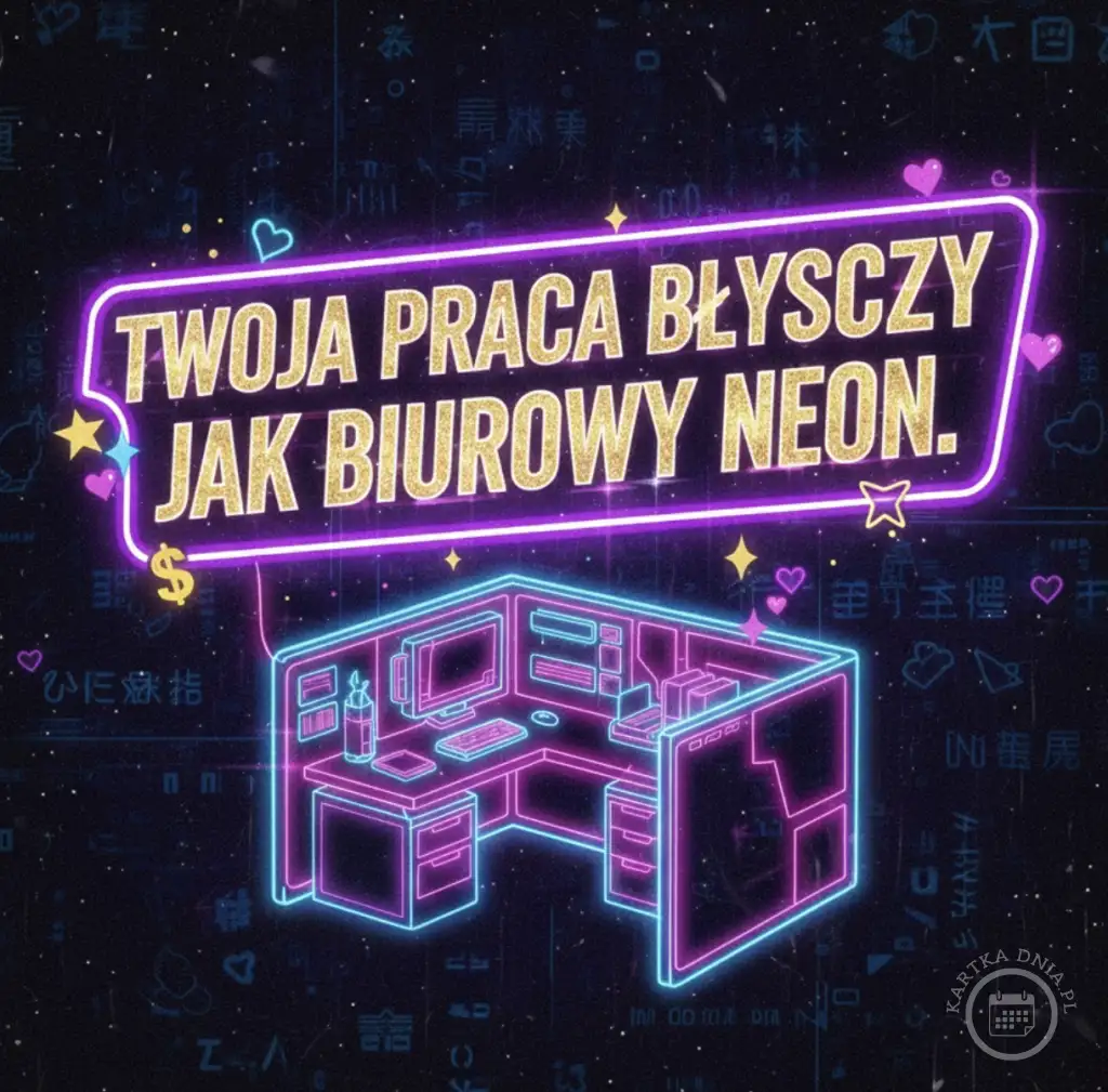 Kartka z napisem "TWOJA PRACA BŁYSZCZY JAK BIUROWY NEON." w neonowym stylu, z biurkiem komputerowym. Idealna na miły dzień w pracy.