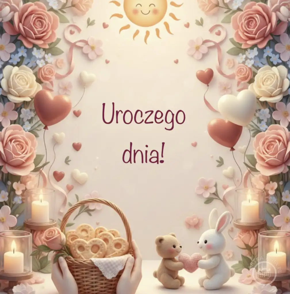 Urocza kartka na dzień dobry z napisem "Uroczego dnia!". Grafika przedstawia uśmiechnięte słońce, różowe róże, serca, koszyk z ciastkami w kształcie serc, misia, królika i świece.