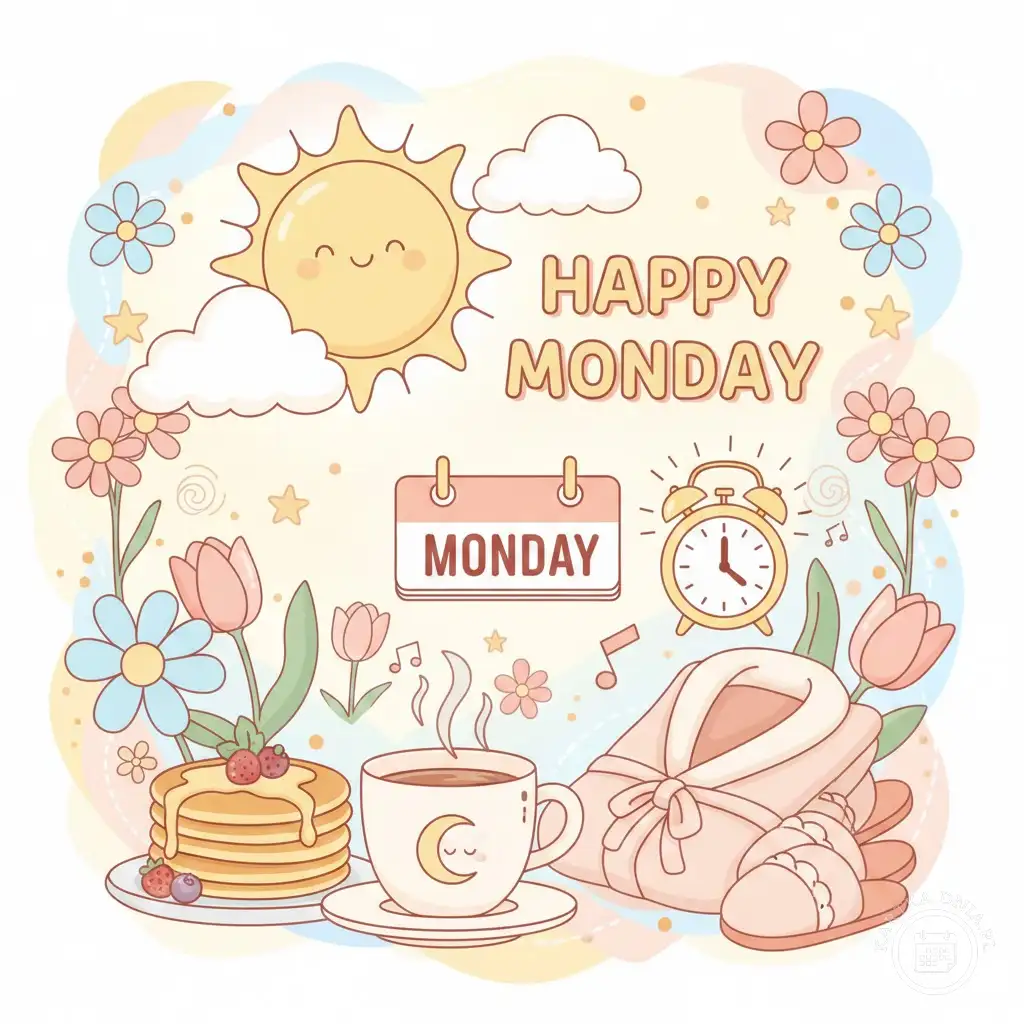 Urocza kartka "Happy Monday" ze słońcem, kwiatami, naleśnikami, kawą, budzikiem, szlafrokiem. Idealna na pozytywny początek tygodnia.