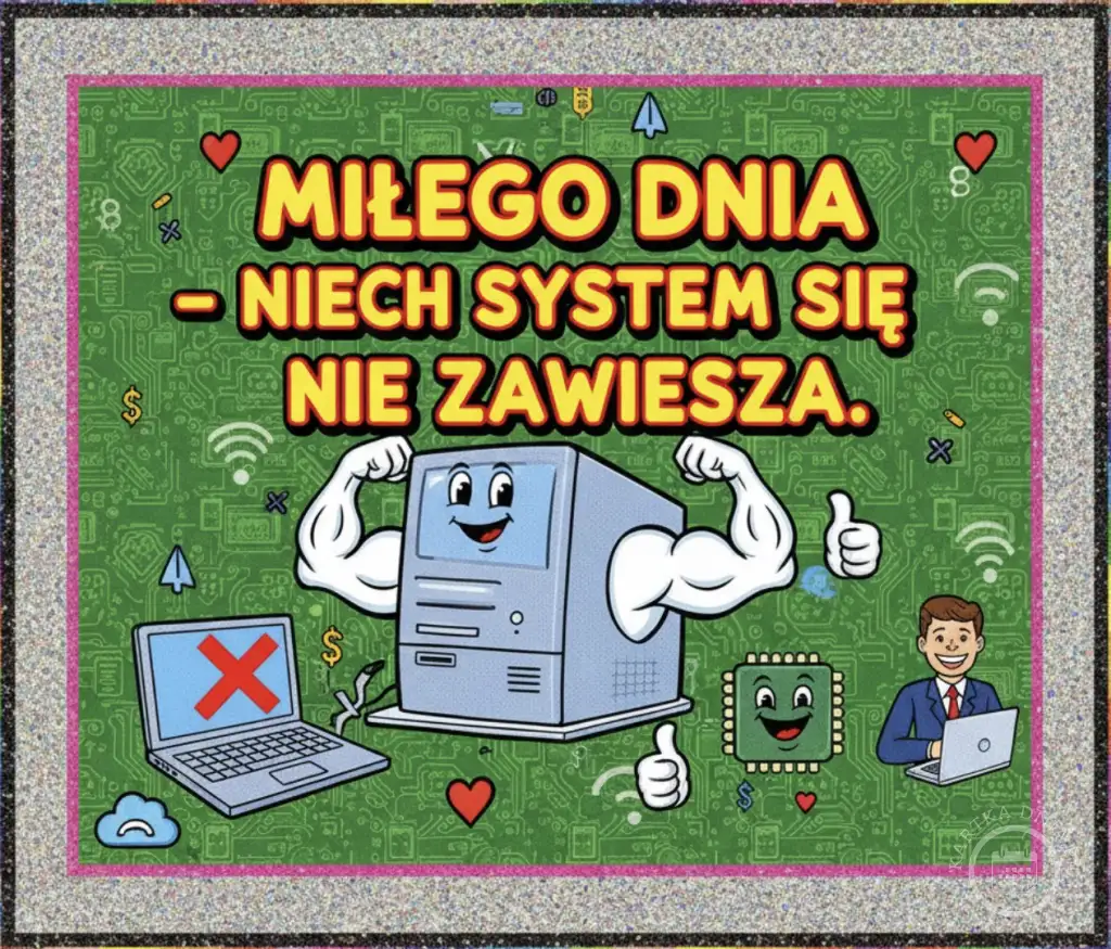 Uśmiechnięty, umięśniony komputer PC i tekst 'MIŁEGO DNIA - NIECH SYSTEM SIĘ NIE ZAWIESZA'. Laptop z błędem. Zielona płyta główna.