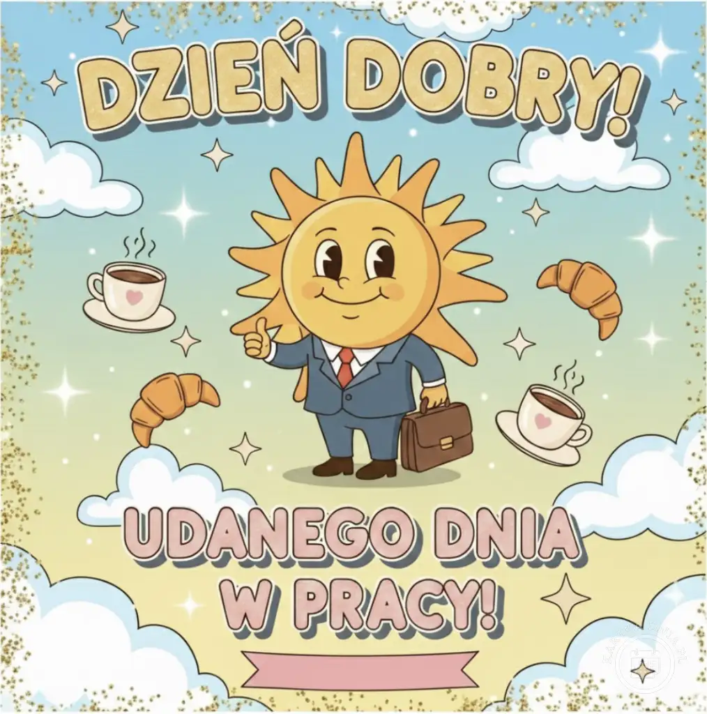 Kartka 'Dzień Dobry! Udanego Dnia w Pracy!' z uśmiechniętym słońcem w garniturze, kawą i rogalikami. Idealna do wysłania współpracownikowi.